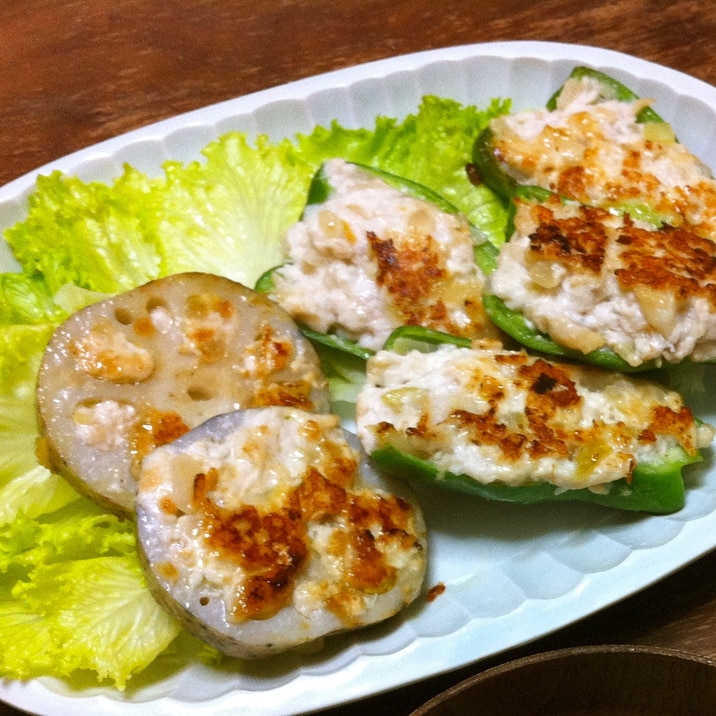 ♦鶏むね肉で♦ピーマンとレンコンのあっさり肉詰め